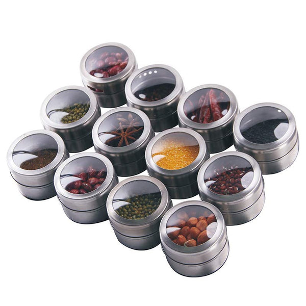 Magnetic Spice Tins set - Shake or Pour Containers Attach to Most Refrigerator Doors- Easy Open Window Top Shakers