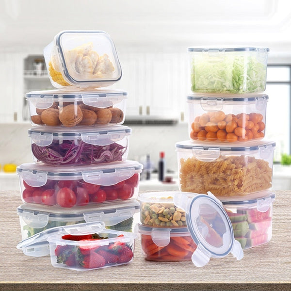 12Pcs Plastic Food Storage Container Transparent Sealed Cans Kitchen Freezer Seal Bin Vegetable Fruit Meat Fresh Box Organizer