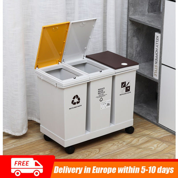 24/36L Kitchen Sorting Push-Button Wheels Waste Bin Corner Garbage Bucket Floor Standing Wet Dry Sorted Trash Can