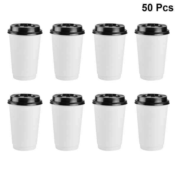 50pcs Disposable Coffee Cups Insulation Takeaway Double-layer Paper Cup with Lid (8oz, 280ml)