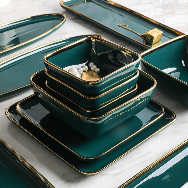 Tableware Green Ceramic Dinner Set Gold Inlay Porcelain Dessert Plate Steak Snack Cake Plate Salad Soup Rice Bowl Wholesale