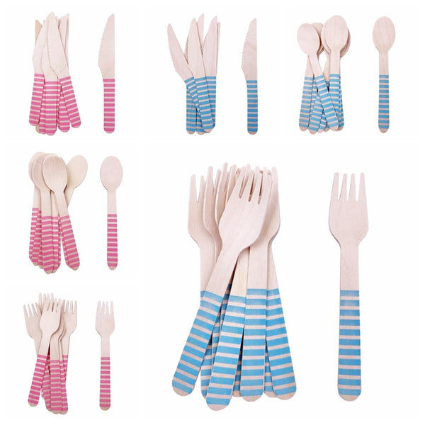 16pc Wooden Blue Pink Fork Knife Spoon Disposable Tableware Happy Birthday Party Decor Kids Baby Shower Supplies Wedding