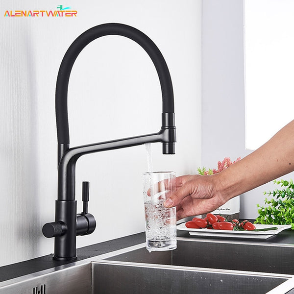 Filter Kitchen Faucet Black Dual Spout Drinking Water Faucet Mixer 360 Degree Rotation Hot Cold Water Purification Feature Tap