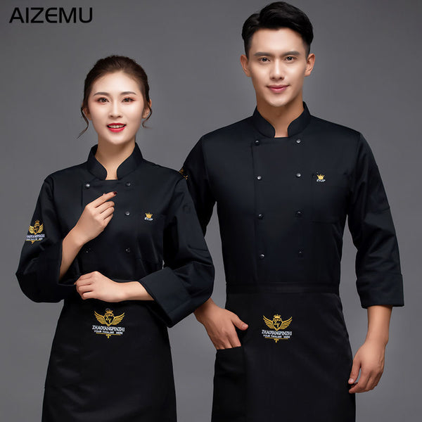 Chef Jacket Men Long Sleeve Chef Shirt Apron Hat Bakery Cook Coat Unisex Kitchen Pastry Clothes Restaurant Waiter Uniform Women