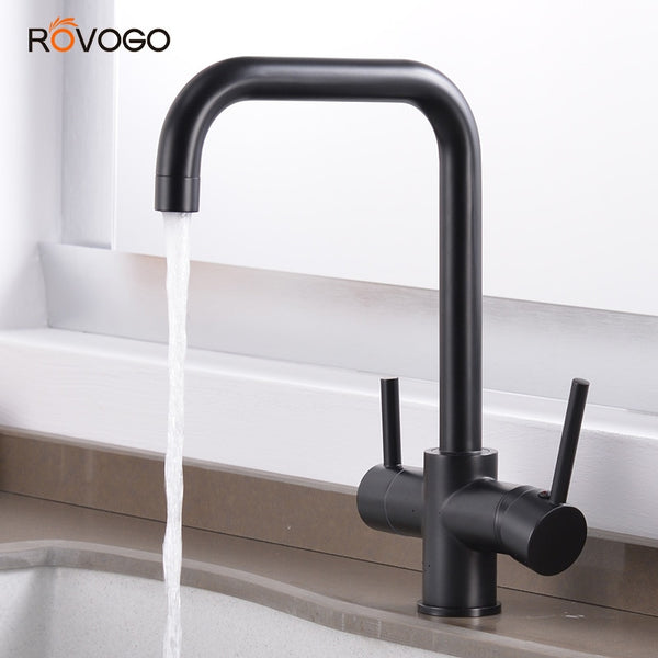 ROVOGO 3 in 1 Kitchen Sink Faucet with Drinking Water Faucet, Cold and Hot Mixer Taps, Bar Water Filter Faucet (Matte Black)