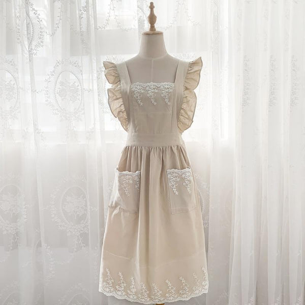 New Washed Cotton Linen Lace Kitchen Aprons Flower Shop Garden Ruffles Work Clean Apron for Woman Dress