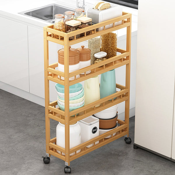 4 Layer Bamboo Wood Gap Storage Shelf with Wheel Kitchen Narrow Gap Rack Floor Standing Bathroom Storage Shelf