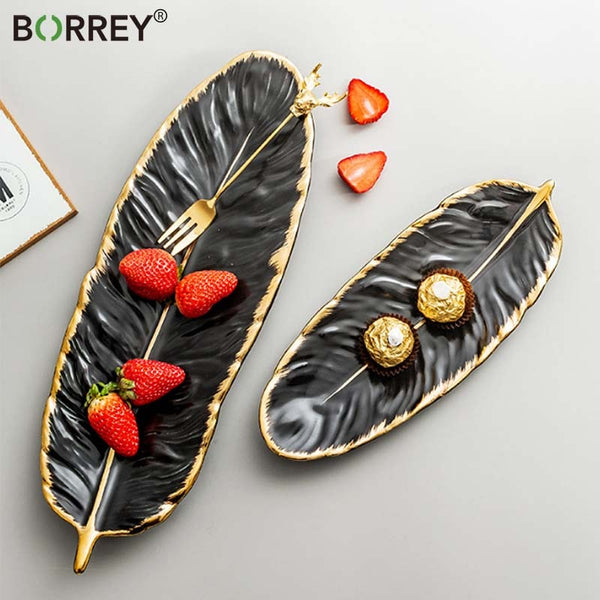 BORREY Ceramic Platter Storage Tray Sushi Plate Leaf Feather Shape Candy Trinket Jewelry Fruit Serving Tray Storage Tableware