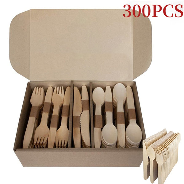 240/300pcs Disposable Wooden Cutlery Set Home Party Dessert Spoons Knives Forks Tableware Supplies Wedding Birthday Spoons