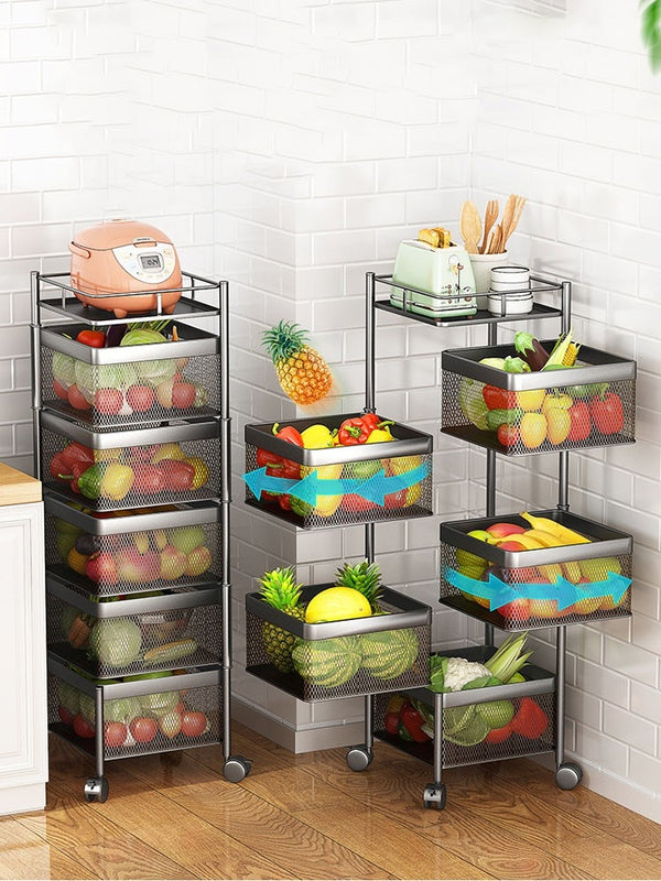 Floor Stand Multi-Layer Kitchen Storage Shleves Rotating Basket Drawer Rolling Trolley Cart Vegetables Fruit Rack Organizer