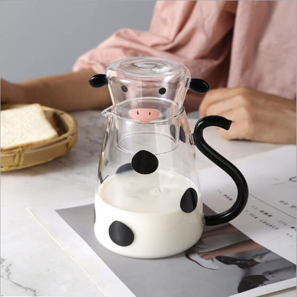 Heat-Resistant Cartoon Cow Shape Flower Tea Pot and Cup Set